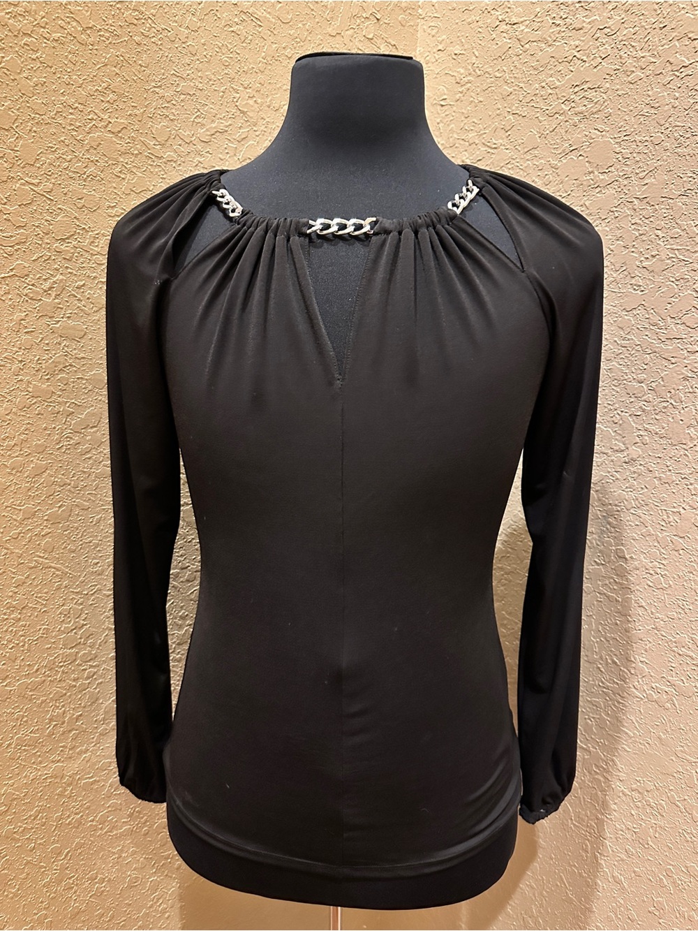 Michael Kors Black Long-Sleeve Top with Silver Chain Detail